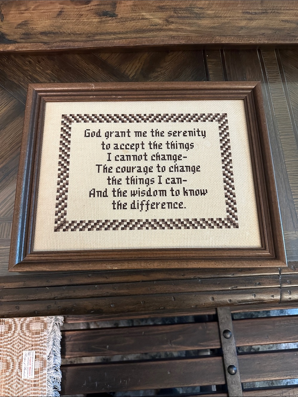 Framed Serenity Prayer Cross-Stitch in Brown and Cream
